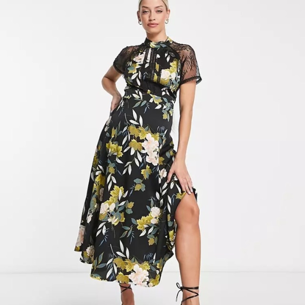 ASOS Maternity A Line Midi Dress Floral Lace Mock Neck Black Botanical Liquorish